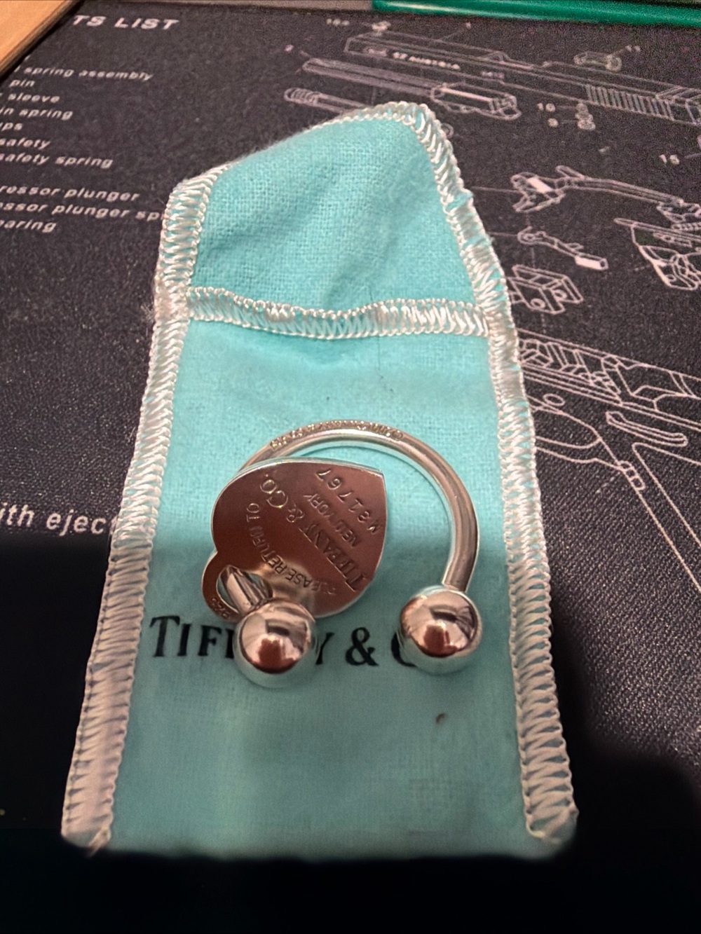 Tiffany & Co. Silver Heart Tag Key Ring with Blue Pouch